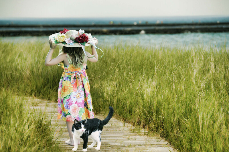Girl with Cat on Boardwalk — Green