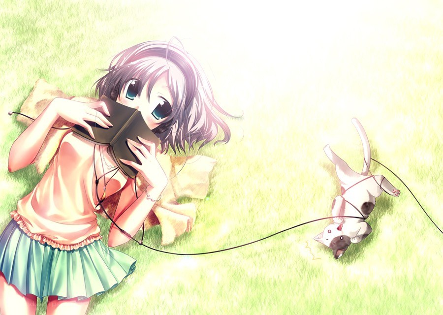 Girl with cat on grass