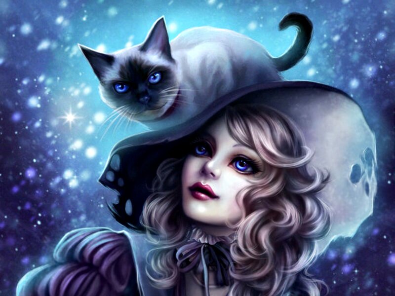 Girl with Cat on Hat