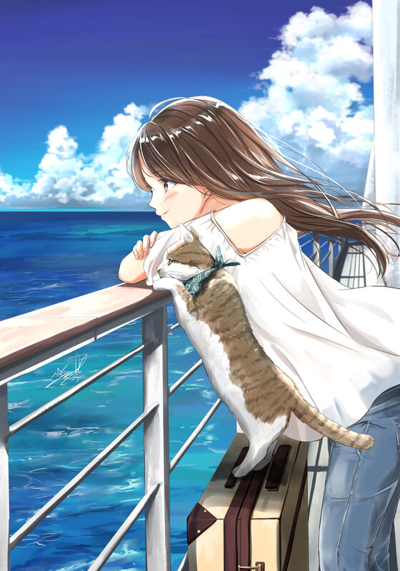 Girl with Cat on Ship