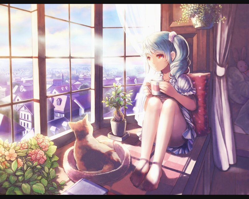 Girl with Cat on Windowsill — Purple