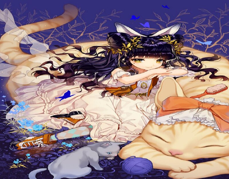 Girl with Cat — Purple, Serene
