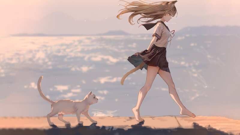 Girl with Cat Walking