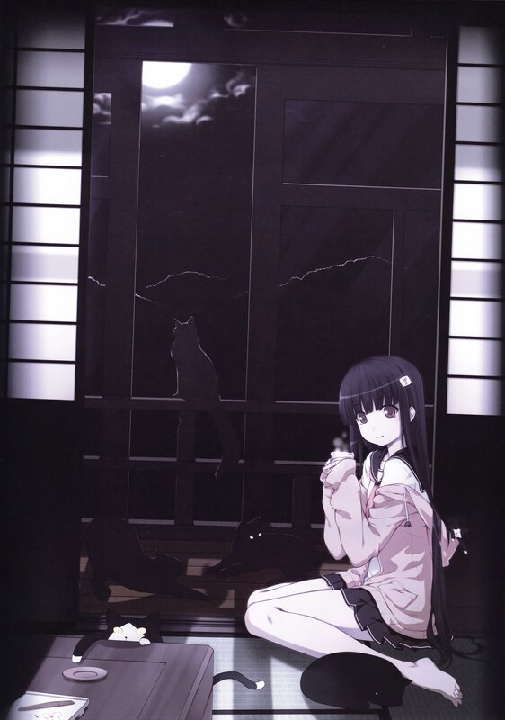 Girl with cats at night