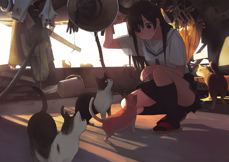 Girl with Cats — Brown