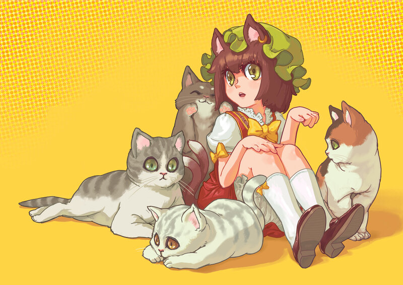 girl with cats illustration