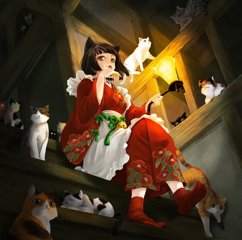 Girl with Cats in Attic