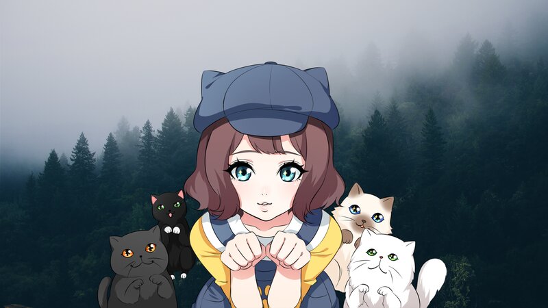 Girl with Cats in Forest