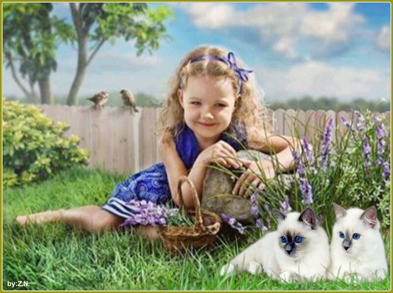 Girl with Cats in Garden