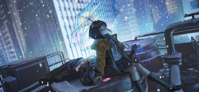 Girl with Cats in Snow
