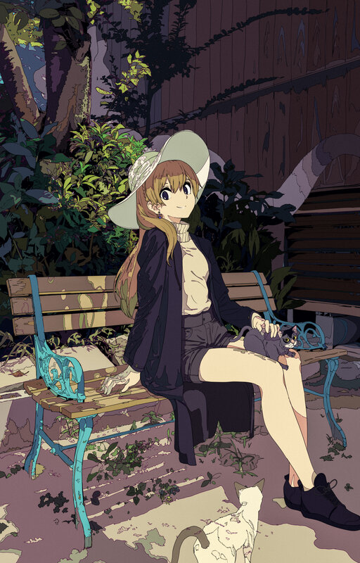 Girl with Cats on Bench
