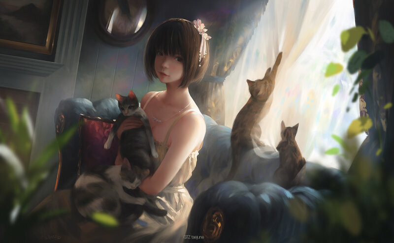 Girl with Cats on Couch — Blue