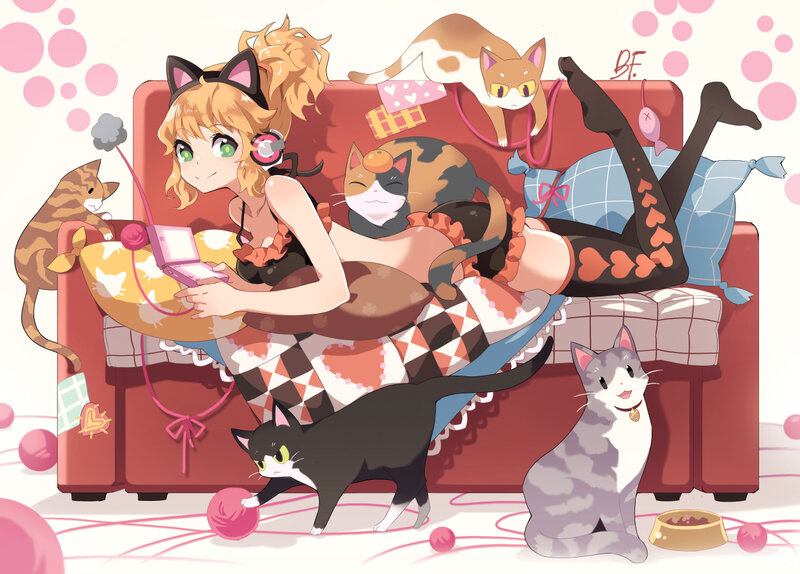 Girl with Cats on Couch