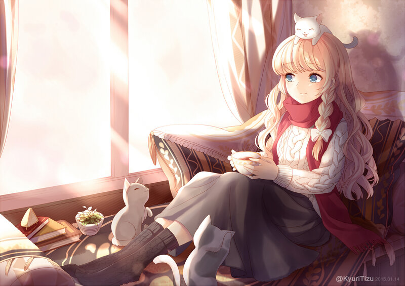 Girl with Cats — Pink, Serene