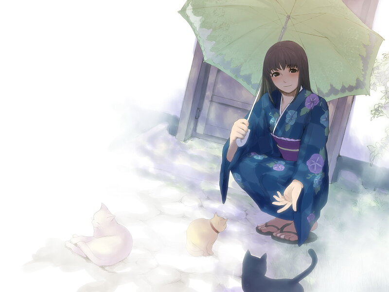 Girl with cats under an umbrella