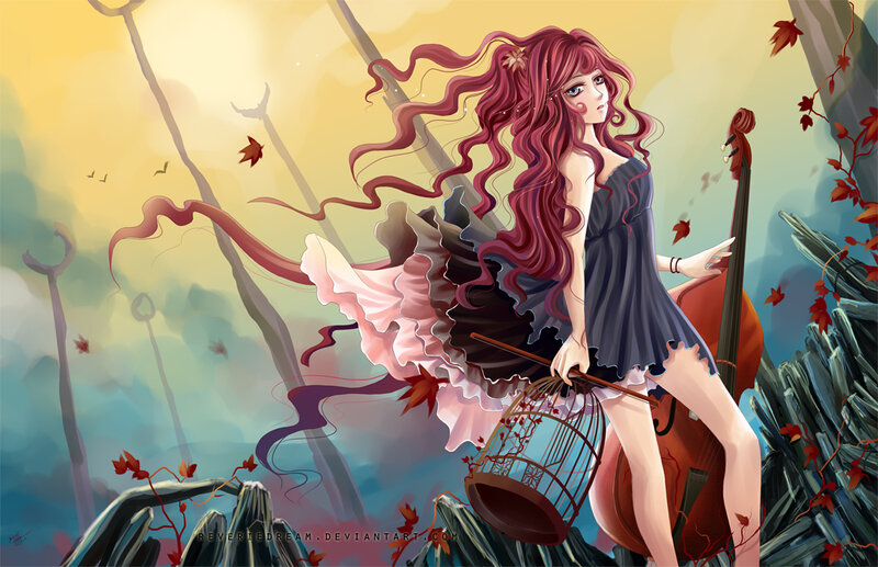 Girl with cello in autumn forest
