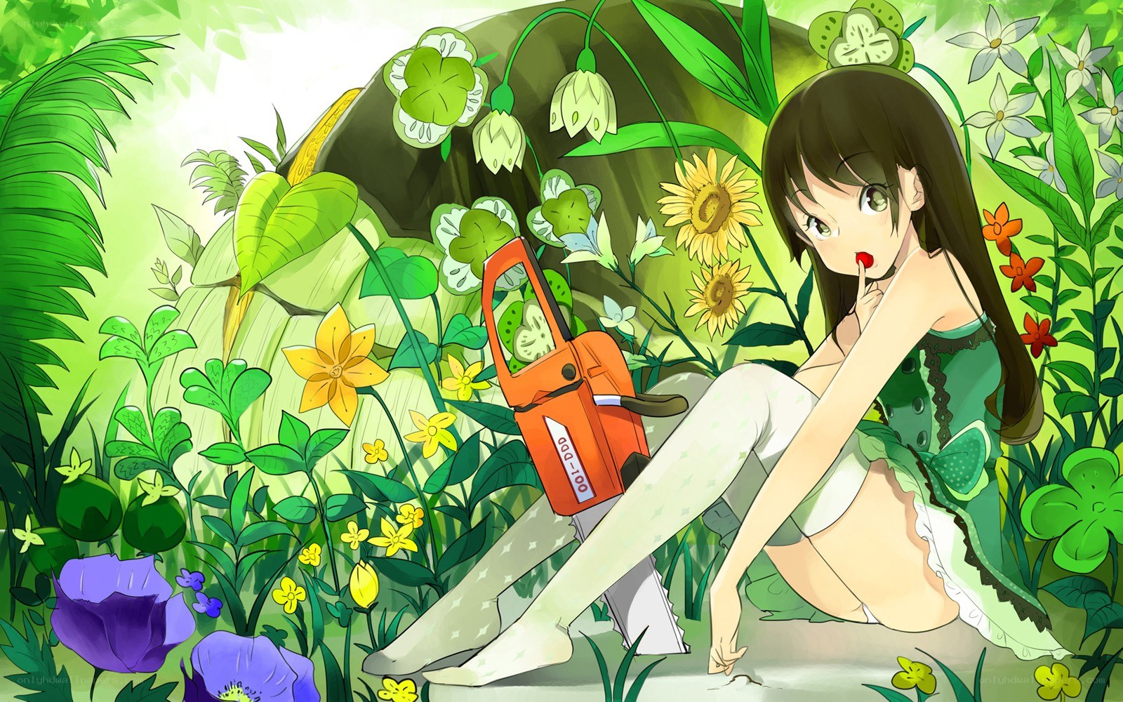 Girl with chainsaw in garden