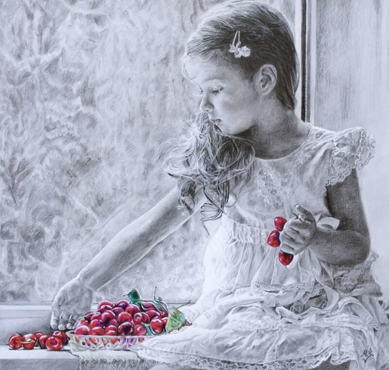 Girl with cherries drawing