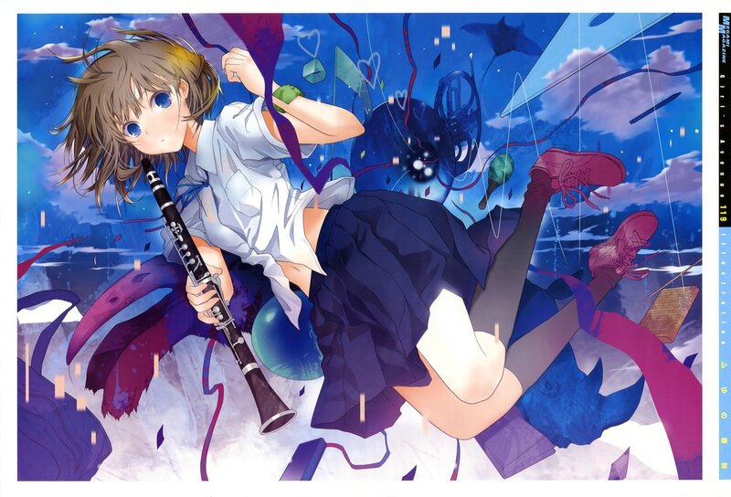 Girl with clarinet in dreamy scene