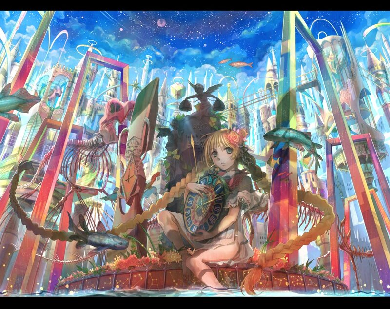 girl with clock in fantasy city