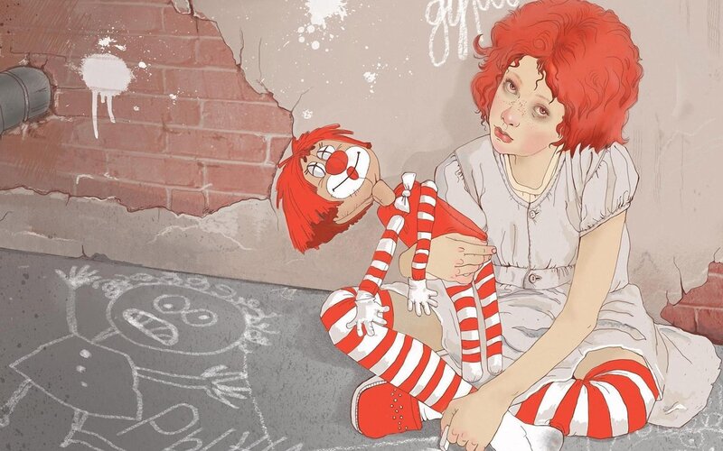 Girl with Clown Doll — Red