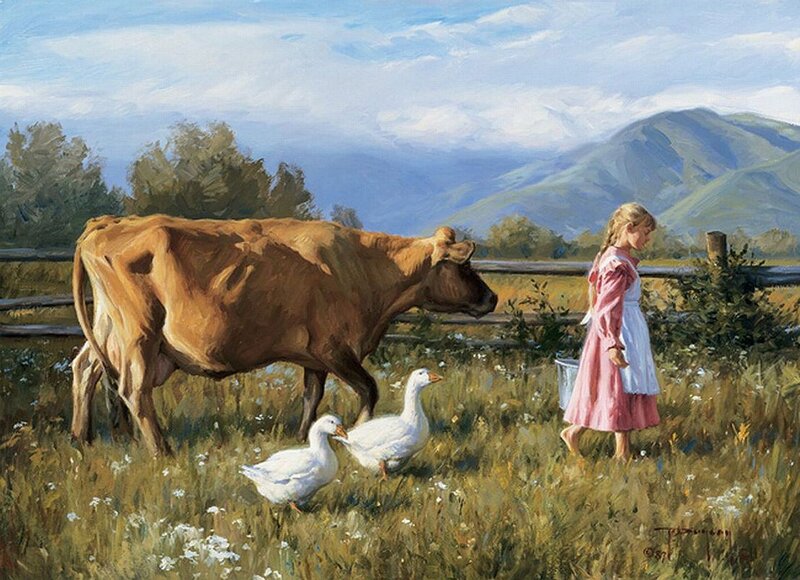 Girl with Cow and Geese