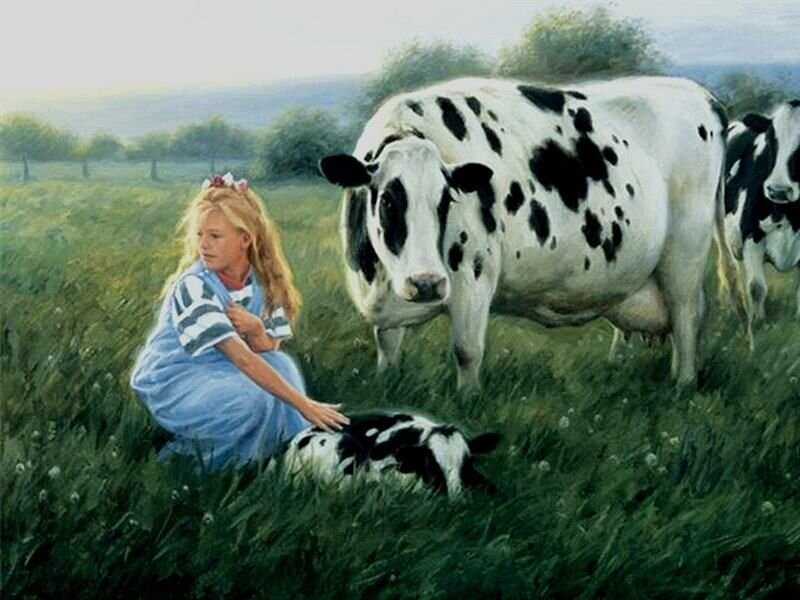 Girl with Cows in Field
