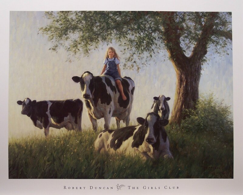 Girl with cows under a tree