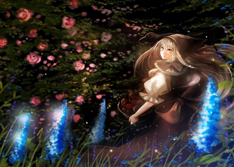 Girl with Crow in Garden