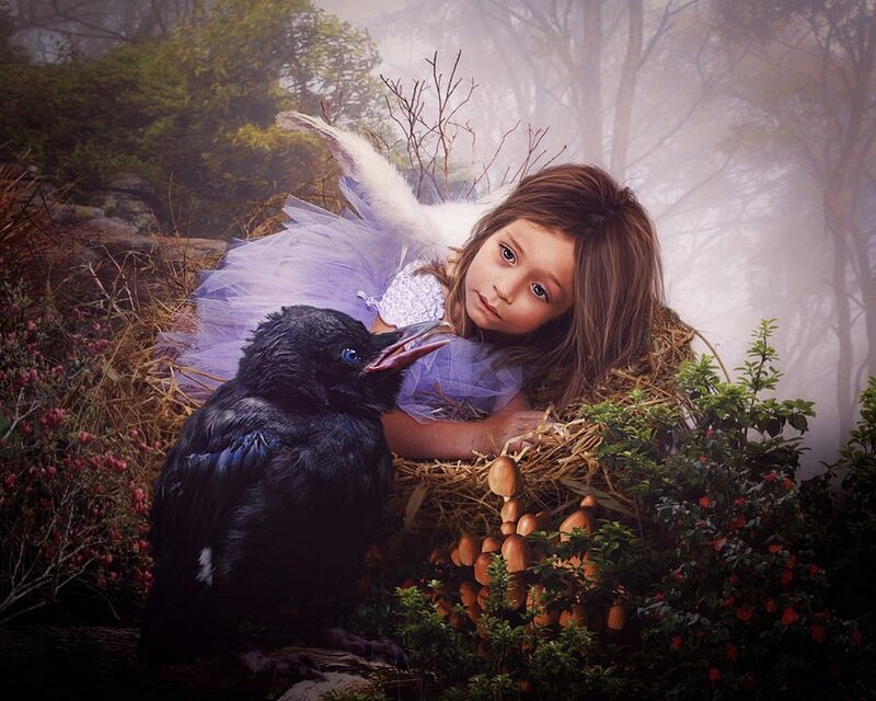 Girl with Crow in Nest