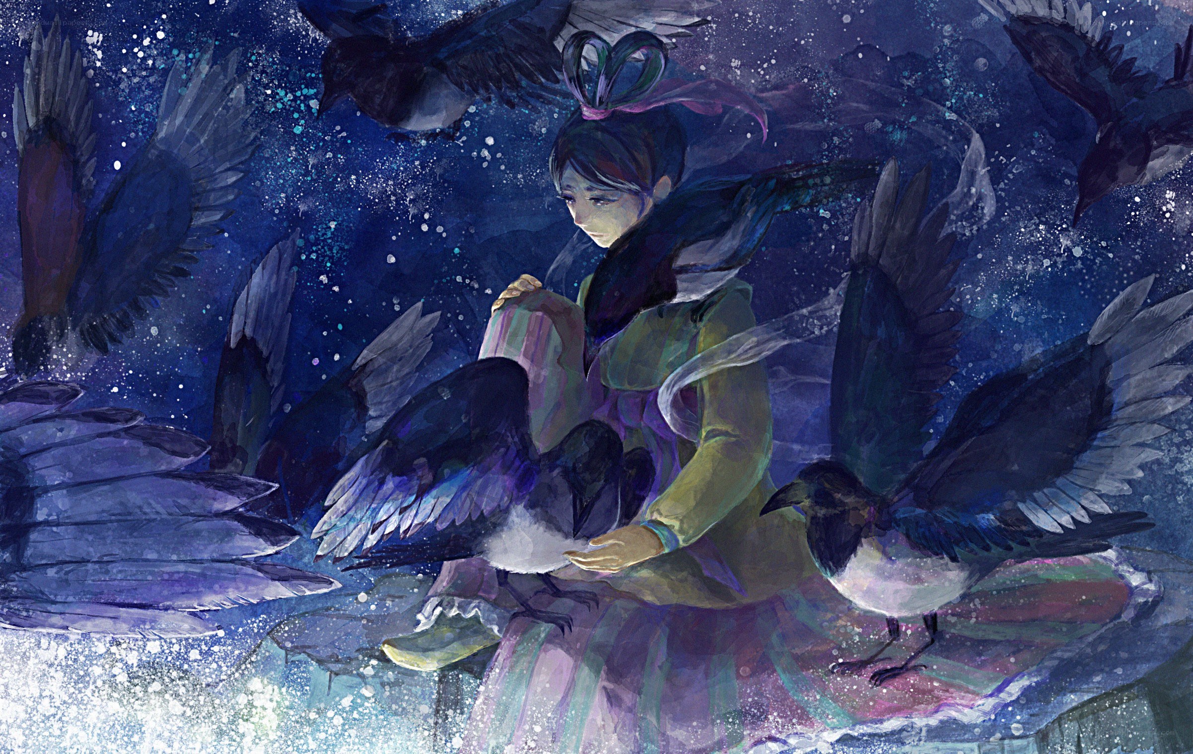 girl with crows at night