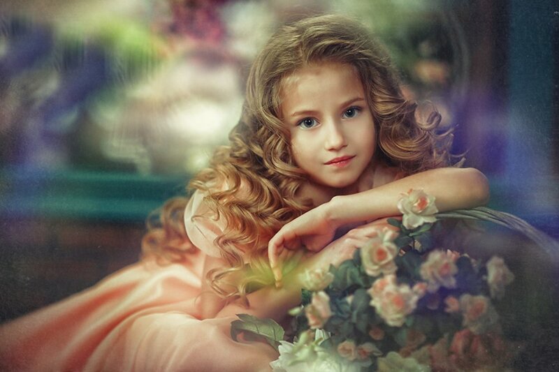 Girl with Curly Hair — Pink, Serene, Photograph