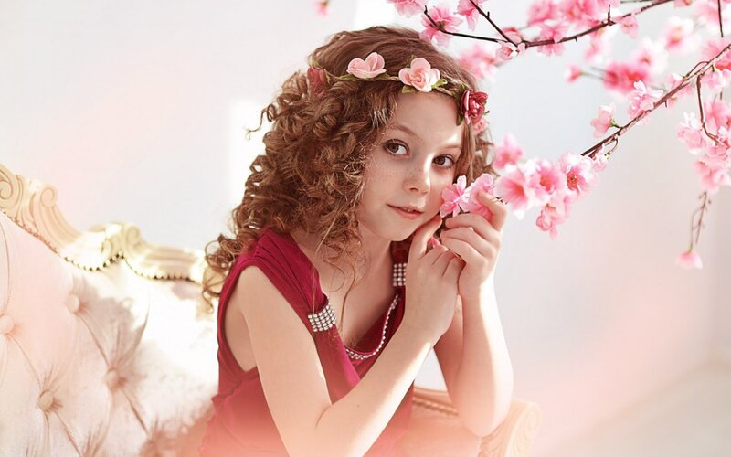 Girl with Curly Hair — Pink, Serene, Spring, Photograph