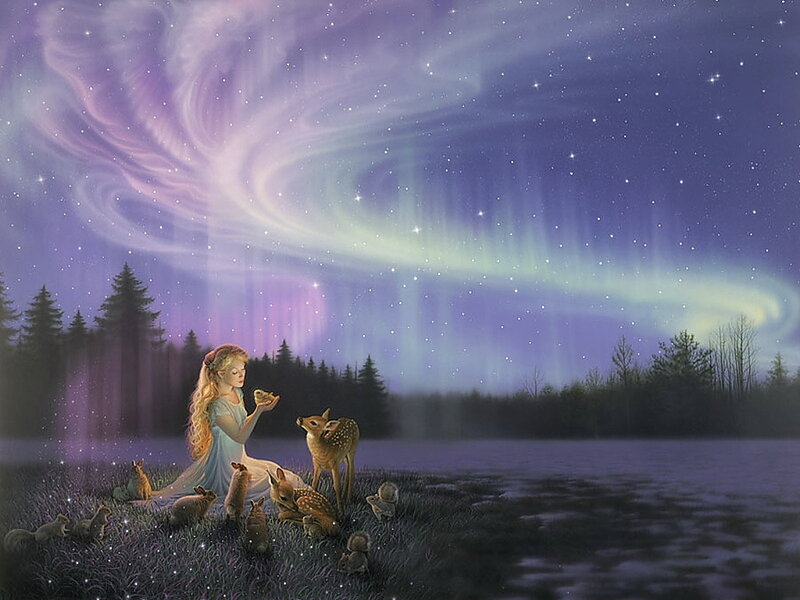 Girl with Deer and Animals — Purple