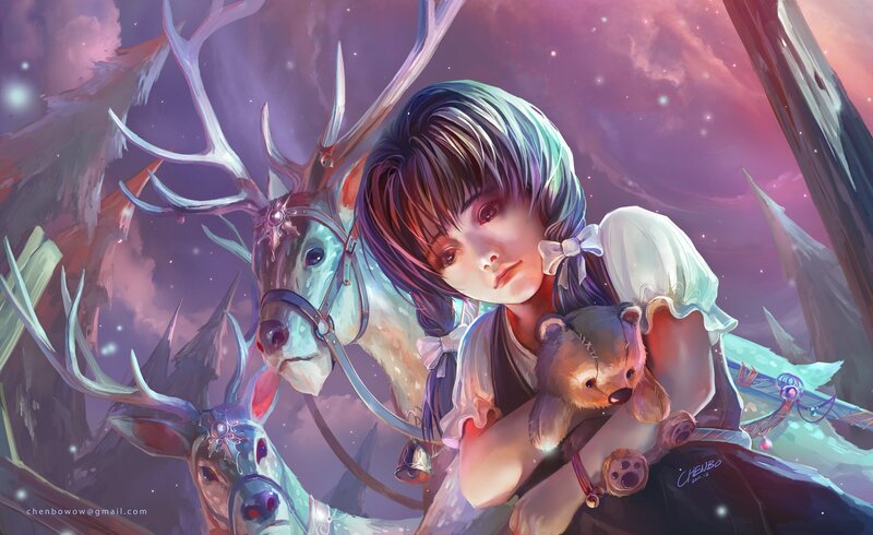 girl with deer and teddy bear