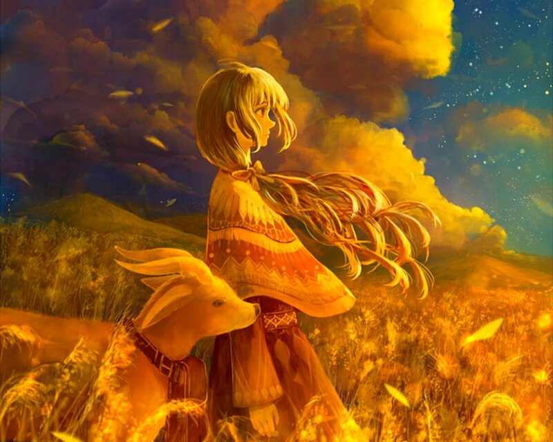 Girl with Deer in Field