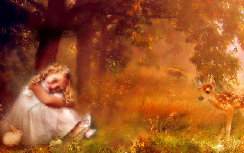 Girl with Deer in Forest — Orange