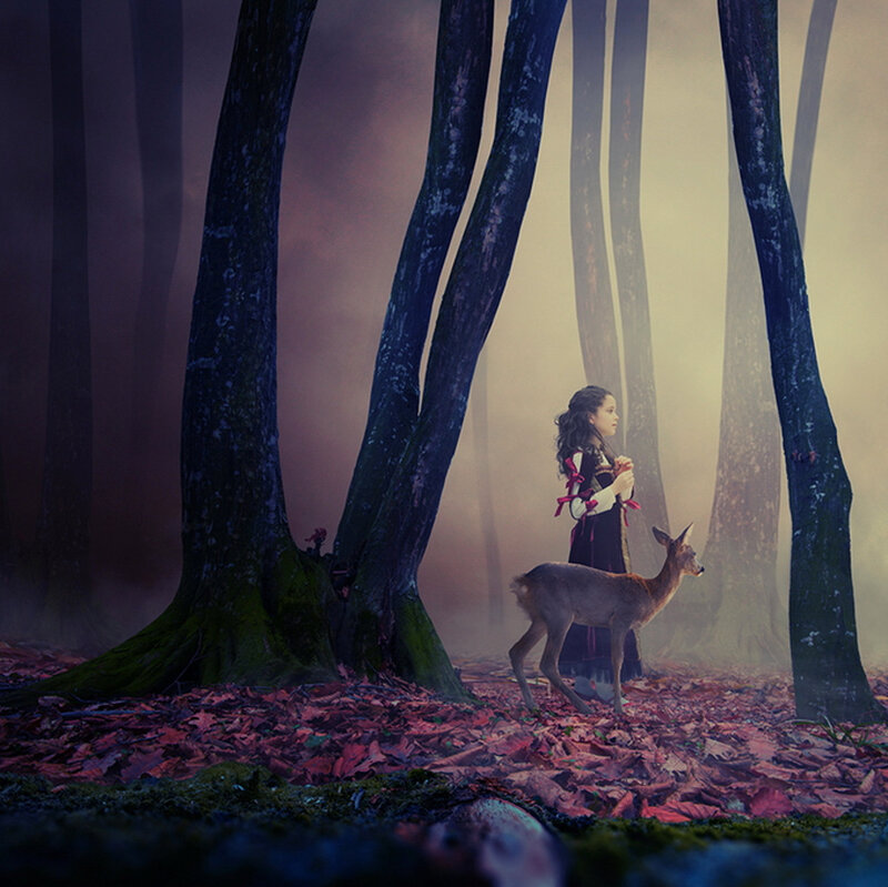 Girl with Deer in Forest — Purple