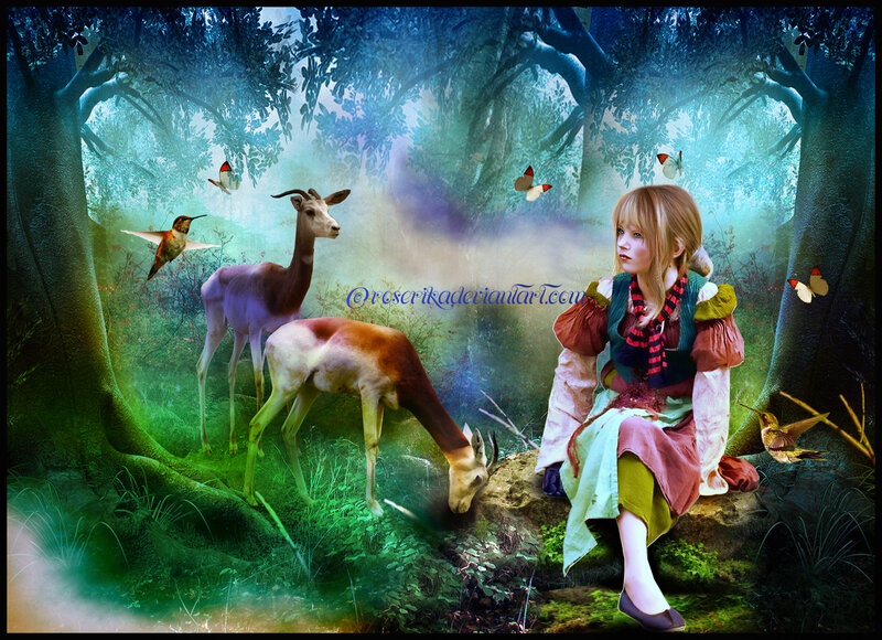 Girl with Deer in Forest