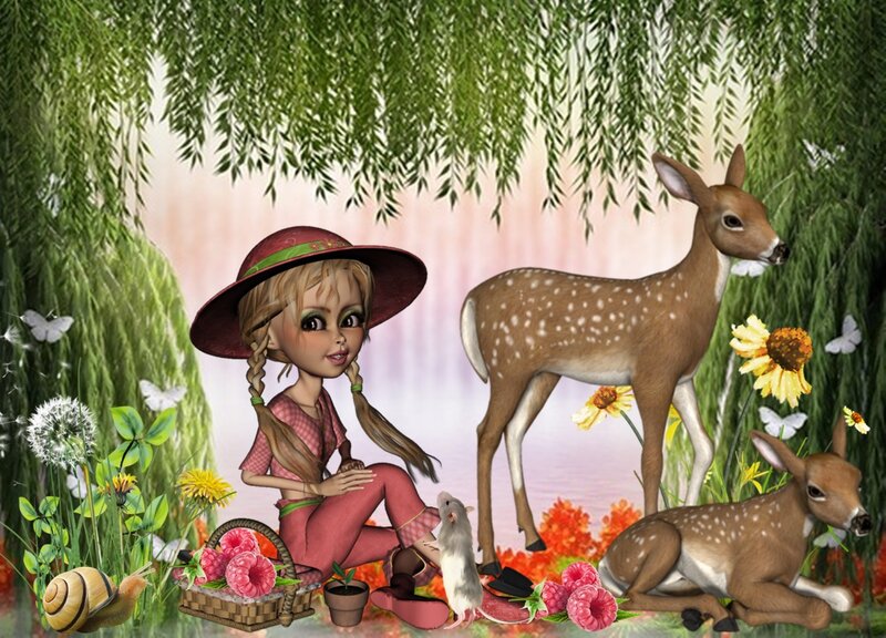 Girl with Deer in Garden