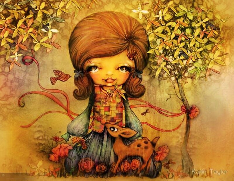 Girl with Deer in Garden — Yellow