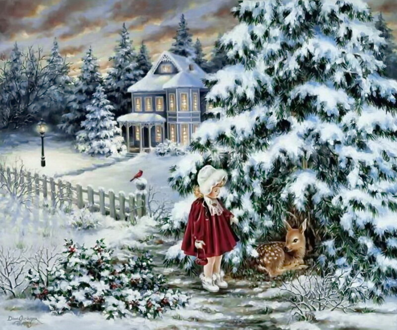 Girl with Deer in Snow