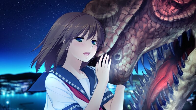 girl with dinosaur at night