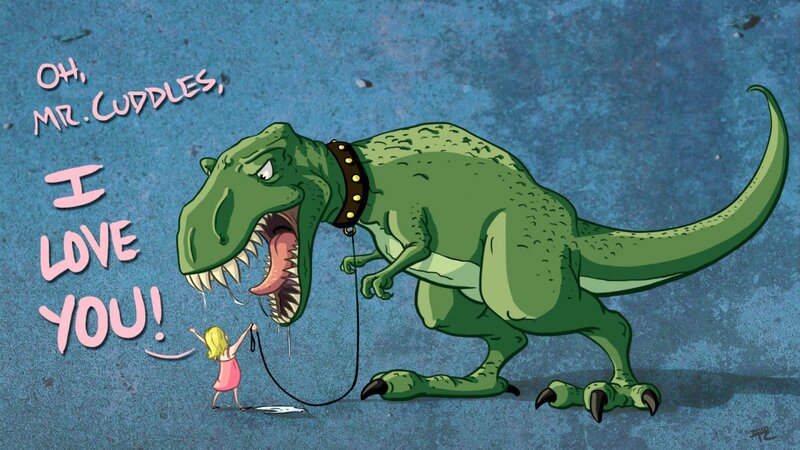 Girl with Dinosaur — Green, Humorous