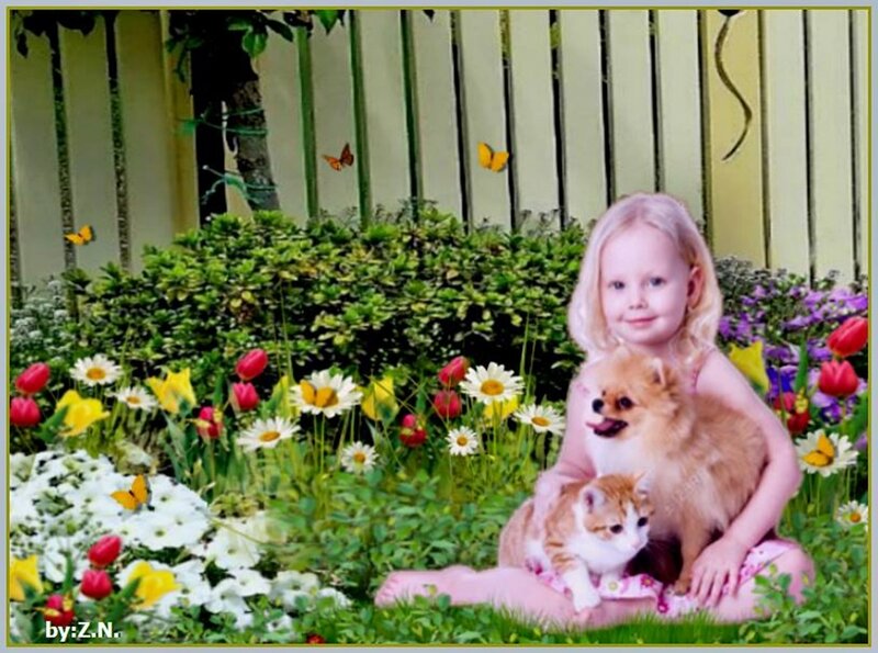 Girl with Dog and Cat — Green
