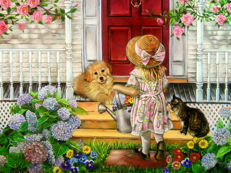 Girl with Dog and Cat — Pink