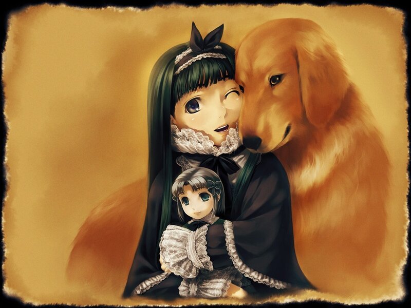 girl with dog and doll