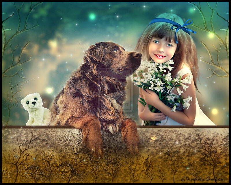 Girl with Dog and Flowers