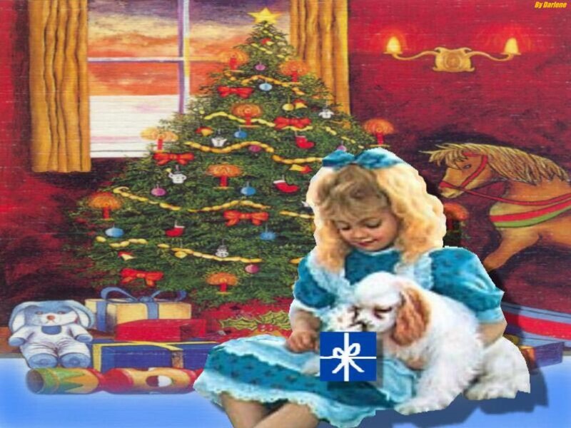 Girl with dog by Christmas tree