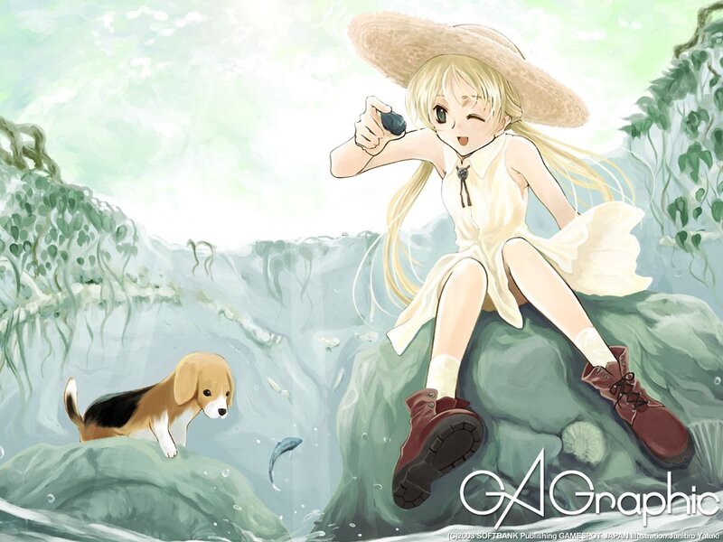 girl with dog by stream